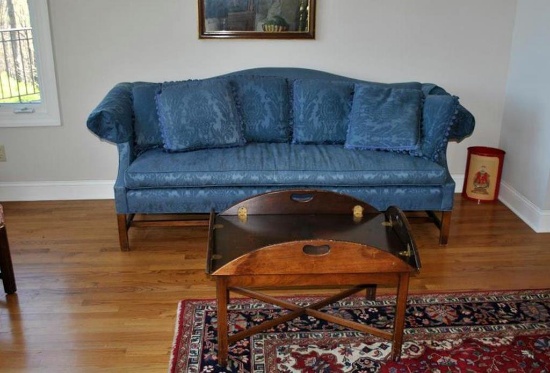 Beautiful Blue Damask Hickory Chair Camelback Sofa w/ 6 Back Pillows