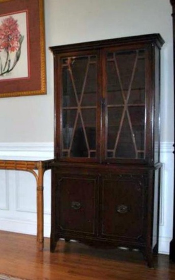 Vintage Federal Style Mahogany China Hutch, Mullioned Doors