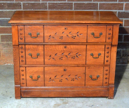 Antique 19th C. Eastlake Victorian Cherry 3-Drawer Chest, Carved Cherry Designs On Front