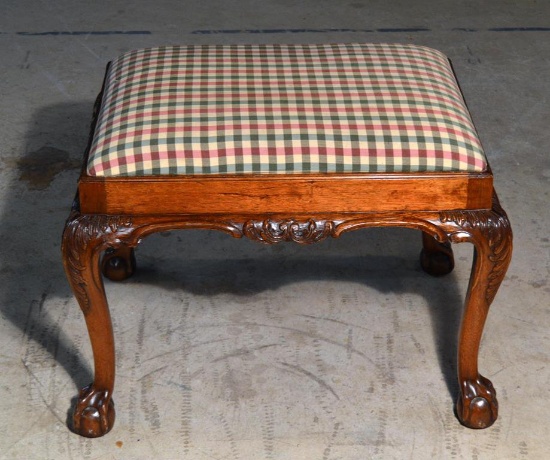 Carved Mahogany Chippendale Style Bench, Plaid Upholstery, Coordinates w/ Lot 33