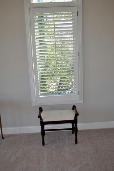 Vintage Small Wooden Bench w/ Neutral Upholstery