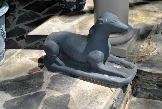 Pair of Dark Gray Painted Concrete Crouching Dog Statues