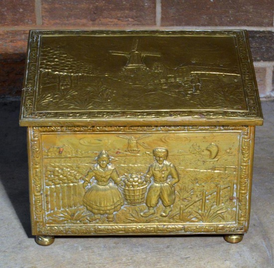 Antique Stamped Brass Wooden Tinder Box, Biscuit Feet, Windmill Pattern