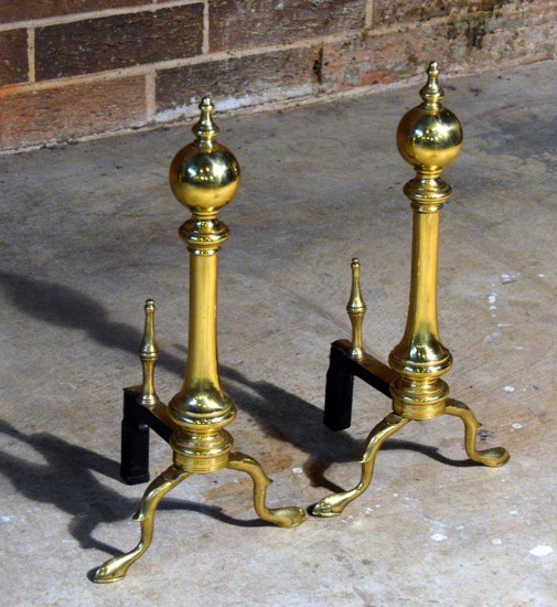 Pair of Antique Solid Brass Queen Anne Style Andirons, Snake Feet