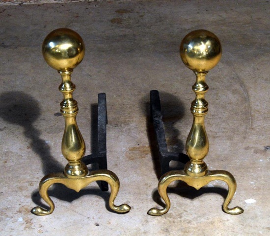 Pair of Antique Solid Brass Queen Anne Style Andirons, Snake Feet