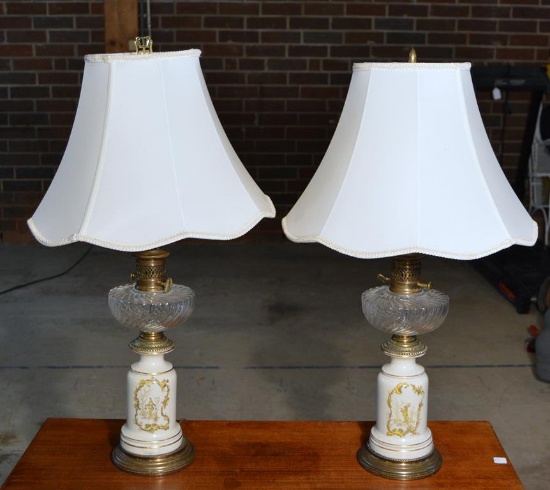 Pair of Vintage Chinoiserie Design Porcelain w/ Glass Font Table Lamps