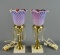 Pair of Vintage Fenton Cranberry Opalescent Coin Dot 13” Electric Buffet Lamps w/ Prism Lusters