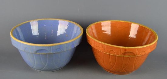 Pair of Antique U.S.A. #9 Stoneware 9” Mixing Bowls, Blue & Brown Glazes