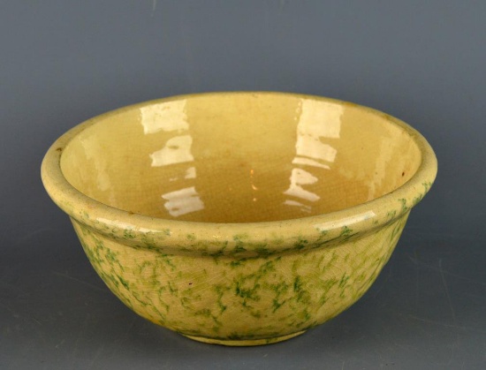 Antique Yellowware 9” Mixing Bowl, Mottled Green Underglaze