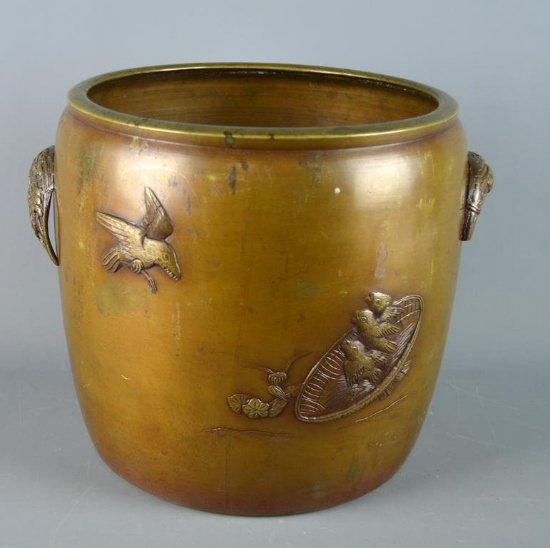 Antique 9.5” Bronze Metal Jardiniere, Relief Decoration
