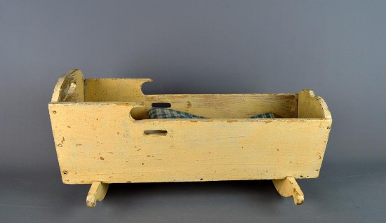Antique Hand Made Wooden Doll Cradle w/ Linens, Old Paint
