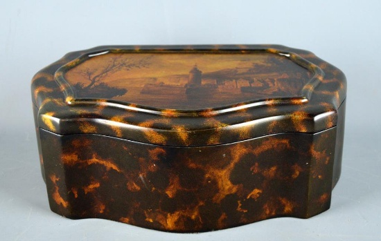 Contemporary Faux Tortoiseshell Velvet Lined Hinged Lid Box, Landscape Scene On Top