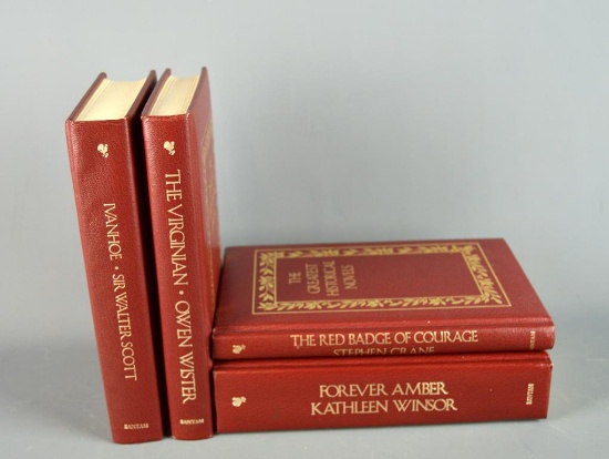 Contemporary Set of 4 Red Leather Bound Books: The Greatest Historical Novels, Bantam, 1985