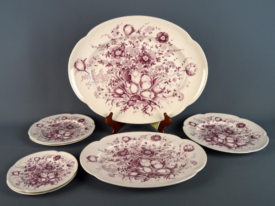 Set of 6 Antique Johnson Bros Windsor Ware Mulberry Transfer Dishes:16 & 12” Trays; 10, 8, 6" Plates