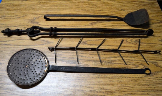 Lot of 4 Antique Forged Iron / Copper Fireplace Tools: Corn Dryer, Poker, Tongs, Pan