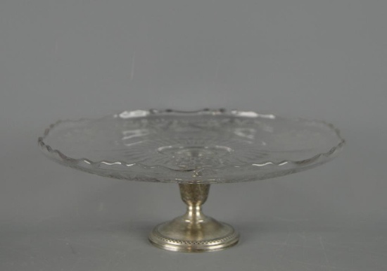 Etched Elegant Glass Cake Plate Tazza, Weighted Sterling Silver Base