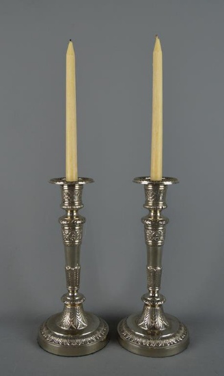 Fine Pair of Emily Austin Silver Plate Candlesticks, 2 Beeswax Candles
