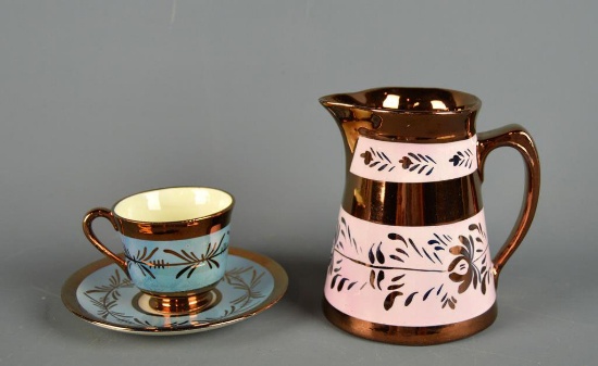 Lot of 3 Antique English Lusterware Items: Creamer, Cup & Saucer