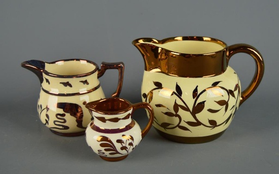 Lot of 3 Matching Antique English Lusterware Cream Pitchers