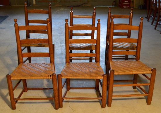 Set of Six Antique Provincial 18th C. Woven Splint Seat Turned Oak Ladderback Chairs