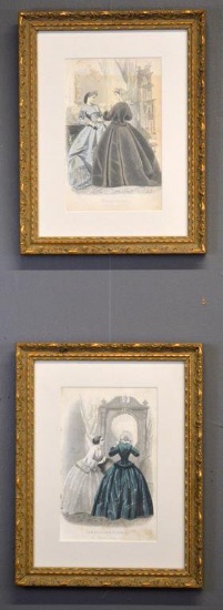 Pair of Antique 19th C. Hand Tinted Etchings, Fashionable Ladies; Matted, Glazed & Framed