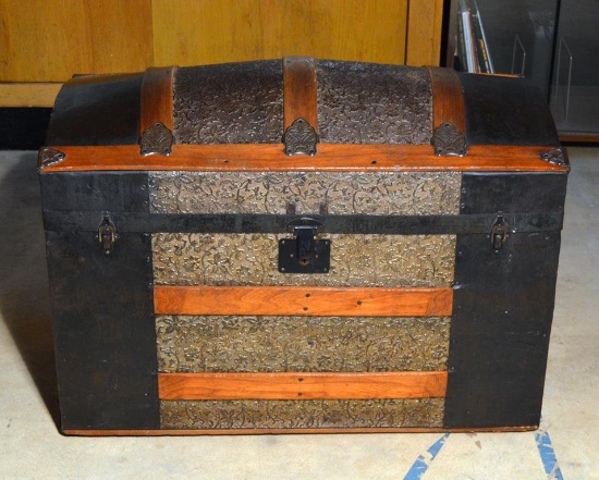 Antique Oak Banded, Stamped Tin and Black Steamer Chest, Original Paper Lining, Recessed Caster Feet