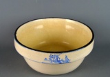 Antique Slip Glazed Stoneware 9.5” Mixing Bowl, Blue Windmill Design On Rim