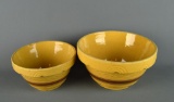 Pair of Antique Robinson Ransbottom Yellowware Mixing Bowl: 10 & 8” Diam.