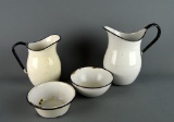 Lot of Antique Graniteware Vessels: Two Pitchers & Two Bowls