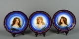 Set of 3 Antique R.C. Miramare Bavarian Flow Blue 8.5” Plates w/ Handpainted Portraits Of Ladies