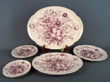 Set of 6 Antique Johnson Bros Windsor Ware Mulberry Transfer Dishes:16 & 12” Trays; 10, 8, 6