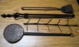 Lot of 4 Antique Forged Iron / Copper Fireplace Tools: Corn Dryer, Poker, Tongs, Pan
