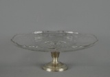 Etched Elegant Glass Cake Plate Tazza, Weighted Sterling Silver Base