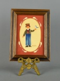 Small Contemporary Folk Art Manner Painting by R. Ross, Boy With Bird; Matted, Glazed & Framed