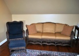 Fine Ethan Allen Rattan Wicker Indoor / Outdoor Sofa, Six Tan Cushions, Three Bronze Accent Pillows