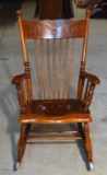 Antique Early 20th C. Pressed Oak Rocker / Rocking Chair, Leather Inset Seat