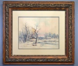 Antique Chromolithograph Art Print Of Winter Farm Landscape; Antique Oak Frame, Matted & Glazed