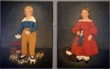 V. Faircloth (American, 20th C.) Pair of Oil On Canvas Portraits w/ Craquelure, Folk Art Manner