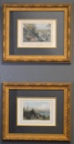 Pair of Antique 19th C. Hand Tinted Etchings, Landscapes; Matted, Glazed & Framed