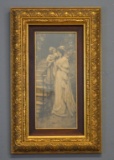 Antique 19th C. Two Tone Lithograph Fine Art Print, Mother & Daughter; Glazed & Framed