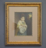 Antique 19th C. Chromolithograph Fine Art Print, Shy Little Girl; Matted, Glazed & Framed