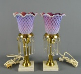 Pair of Vintage Fenton Cranberry Opalescent Coin Dot 13” Electric Buffet Lamps w/ Prism Lusters