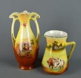 Lot of Two Antique Early 20th C. Handpainted Cattle Motif Ceramics: English Vase and German Pitcher