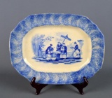 Antique 19th C. Ironstone Blue and White Platter w/ Chinese Genre Scene, Wooden Display Stand