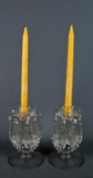 Pair of Vintage Pressed Glass 7” Candlesticks w/ Drop Prism Lusters and Candles