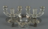 Set of 5 Vintage Silver Overlay Pressed Glass Pieces (Double Candlesticks, Shaker Set, Bowl)