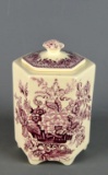 Vintage English Mason's “Ascot” Mulberry Transferware Hexagonal Lidded Ironstone Jar