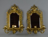 Pair of Antique 20” Triple Candle Sconces w/ Mirrors, Solid Cast Bronze, Kings Head Ornaments