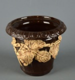 Antique Brown Slip Glazed Stoneware Jardiniere, Applied Grapevine Decoration