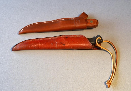 Lot of Two Knives: Gerber A400 & LL.Bean, Leather Holsters, Sharpening Stone